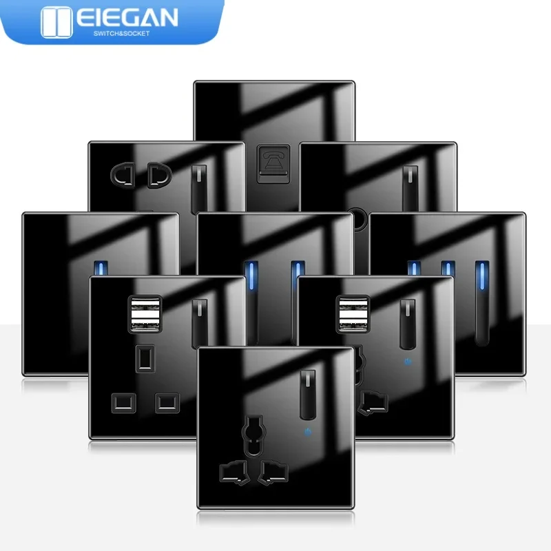 ELEGAN Black Wall Light Switch Panel Tempered Glass Piano Key International Switch Self-reset 1/2/3/4 Gang 1/2 Way LED Indicator