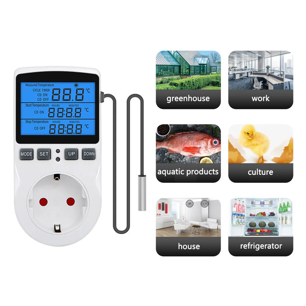 3680W Thermostat Temperature Controller EU/US/UK/AU/FR LCD Backlit Digital Thermostat Heating Cooling Control Mode Plug in Timer