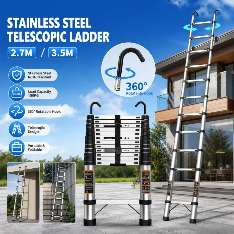 3.5m 2.7m Stainless Steel House Folding Ladder With 360° Rotatable Hook Telescopic Folding Telescopic Ladder Outdoor Portable Work Ladder