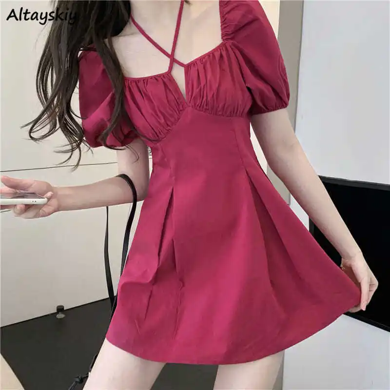 

Short Sleeve Dresses Women Elegant Sweet Lovely Solid Mini Halter Neck Trendy Casual Daily Ulzzang Платье Женское Retro Summer