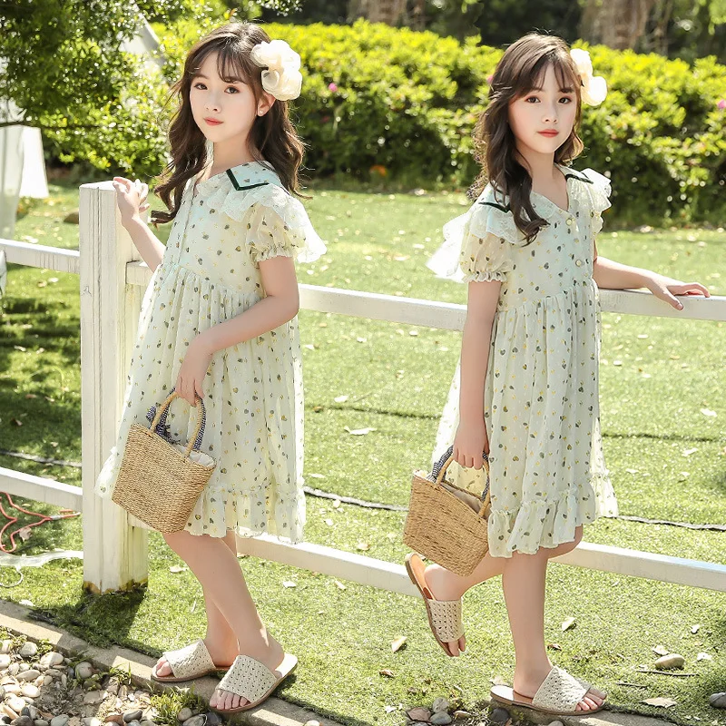 

JUCPKID Korean Summer School Girl Dress Teenager Girl Gauze Bubble Sleeve Dress Children Girl Pastoral Style Hollow Lace Dress