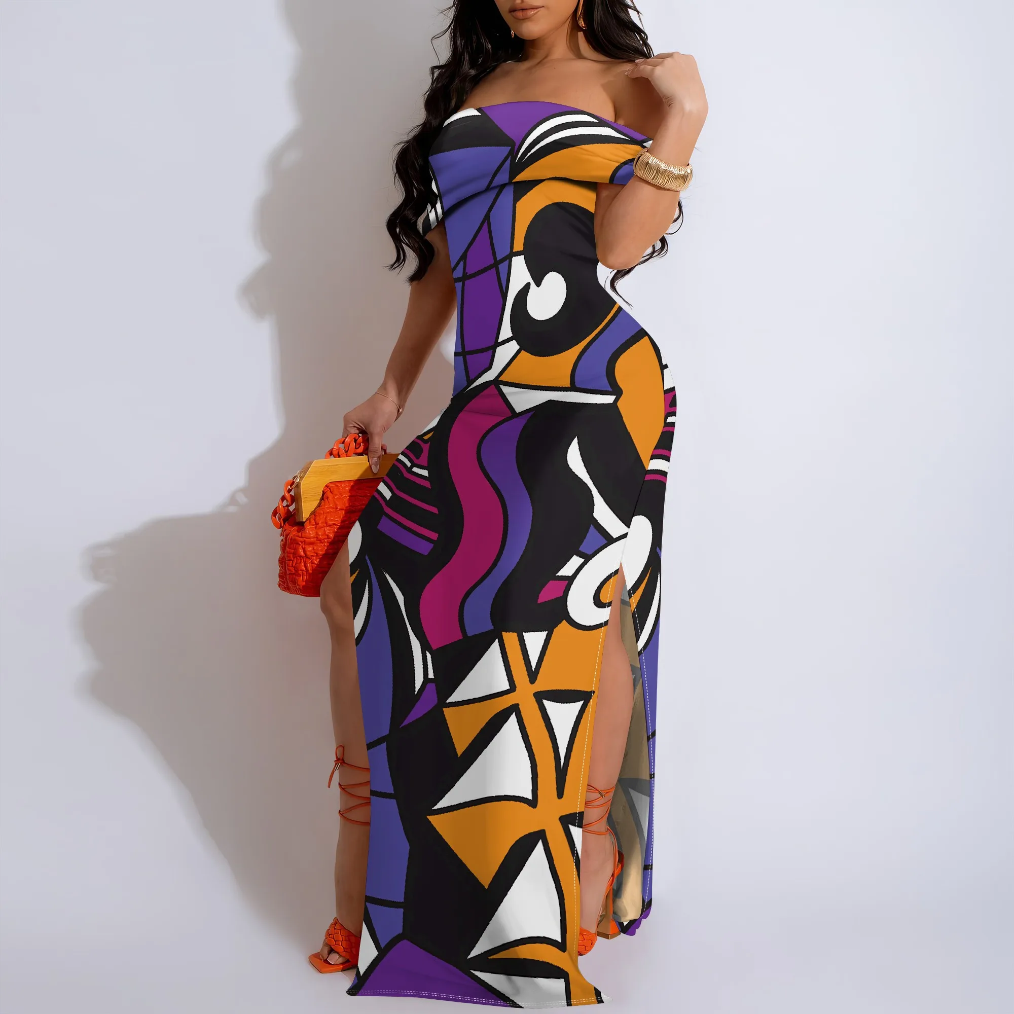 

Women's Summer Fashion Printed Short Sleeve Off-shoulder Splits On Both Sides Maxi Dress for Women Loose Casual Maxi Dress
