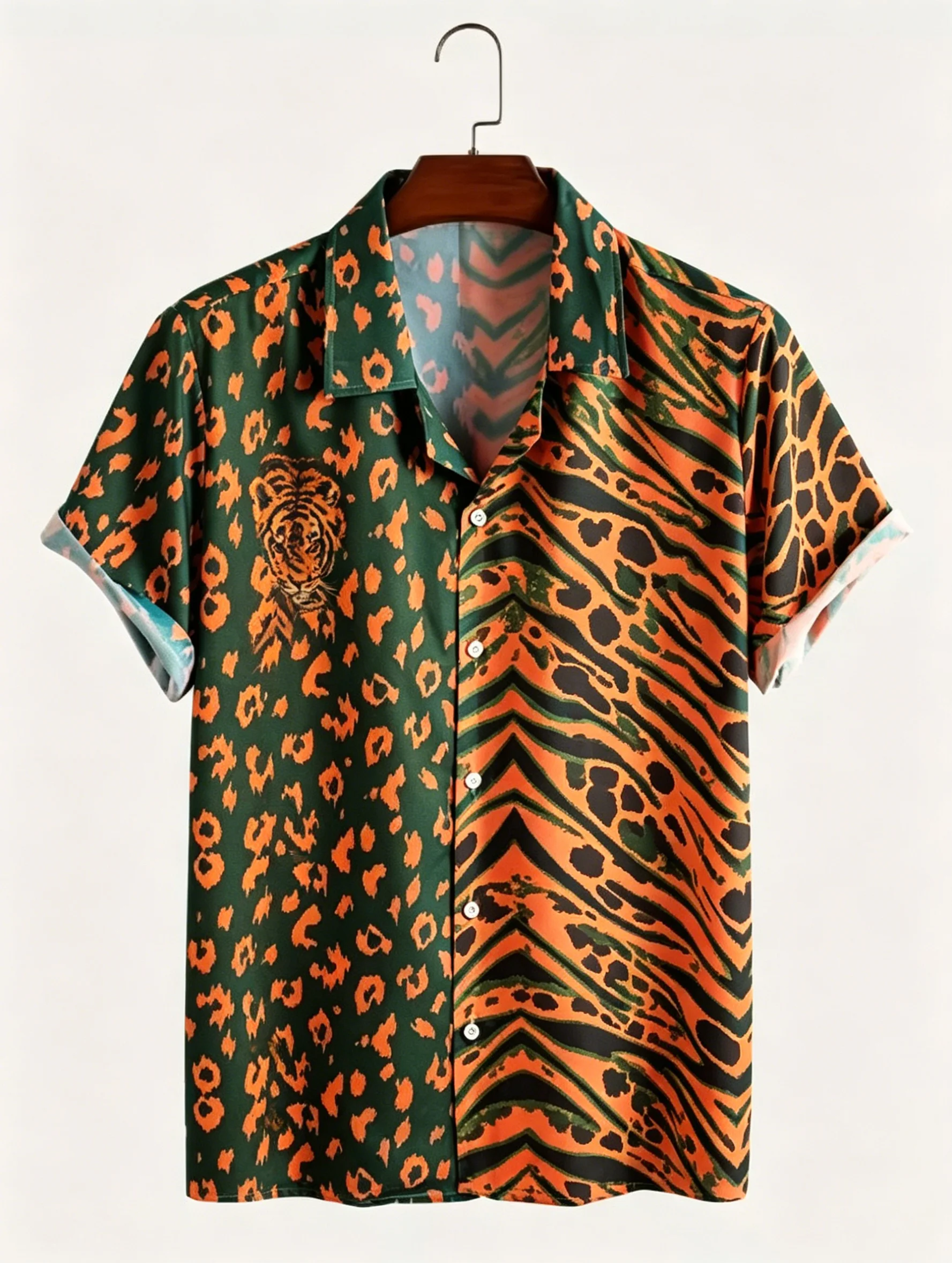 

Men's Spring Summer Lapel Shirt, Split Animal Print with Tiger Head Casual Tops for Streetwear Outfit