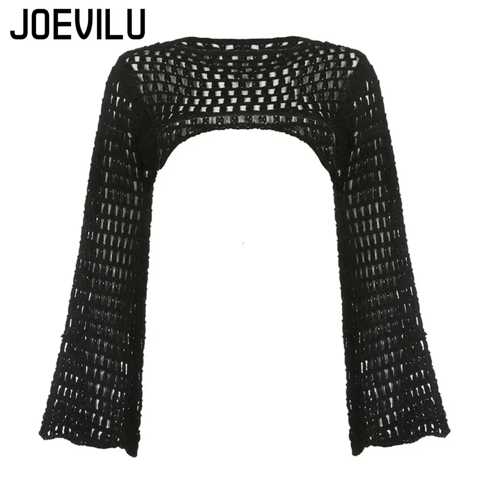 Summer Crochet Knit Hollow Out Crop Top Women Y2k Sexy Blouse Shirts Long Flared Sleeve Sweater Cover Ups Streetwear Pullovers