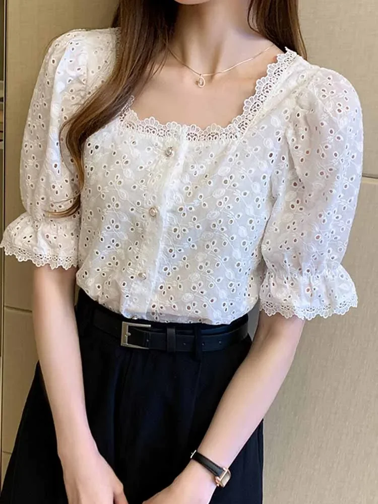 Summer Vintage Square Collar White Shirt Short Sleeve Hollow Out Elegant Women Blouse Clothes Lace Loose Tops 13934