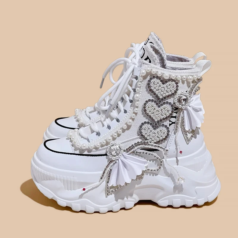 White Pearls Casual High Platform Women Sneakers Female Ankle Booties Heart Rhinestones Ladies Casual Thick Bottom Shoes