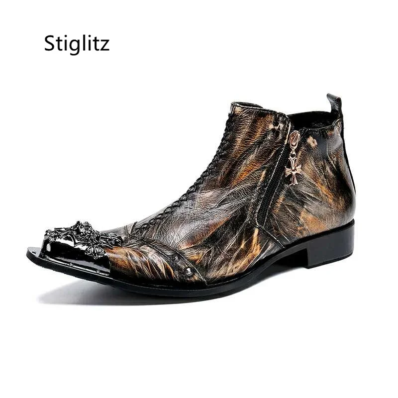Metal Pointed Toe Retro Men's Boots Side Zipper Genuine Leather Male Shoes Motorcycle Chelsea Ankle Boots Large Size Show Shoes