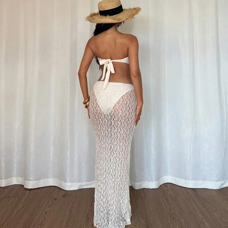 YUZHEXI بدلة مطابقة للشاطئ من الدانتيل على شكل نجم البحر 2025 ملابس نسائية مثيرة بدون ظهر براليت علوي وفستان شفاف طقم مكون من قطعتين أبيض