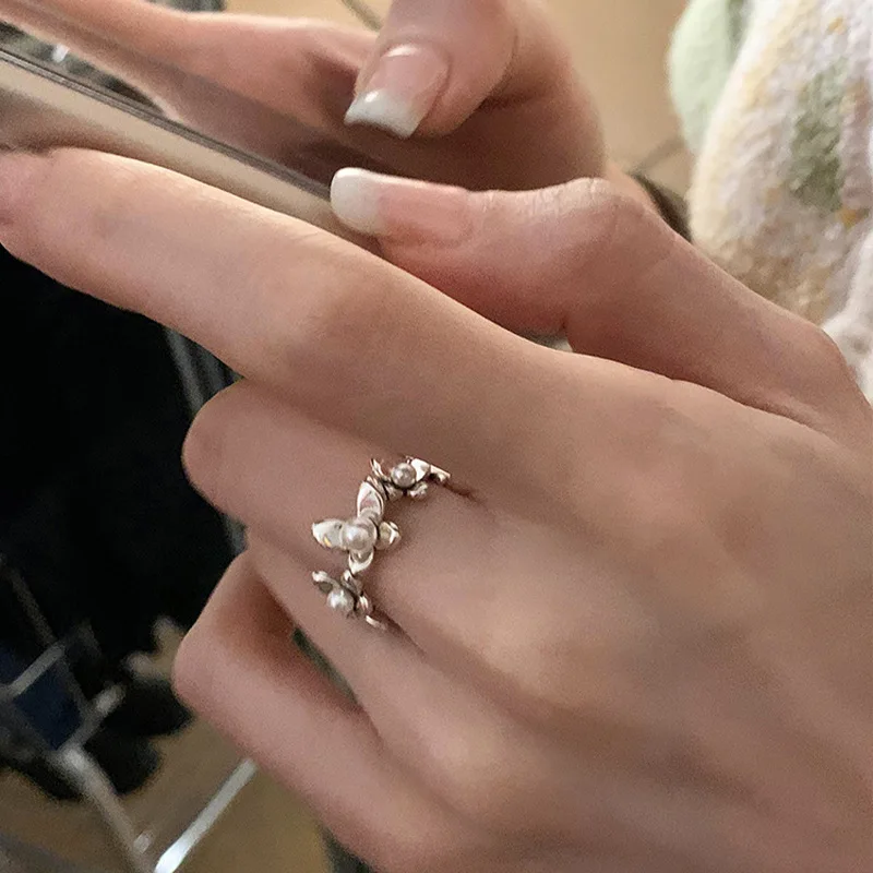 Sweet Butterfly Pearl Cuff Finger Rings For Women Girl Elegant Fashion New Jewelry Wedding Party Lady Gift anillos