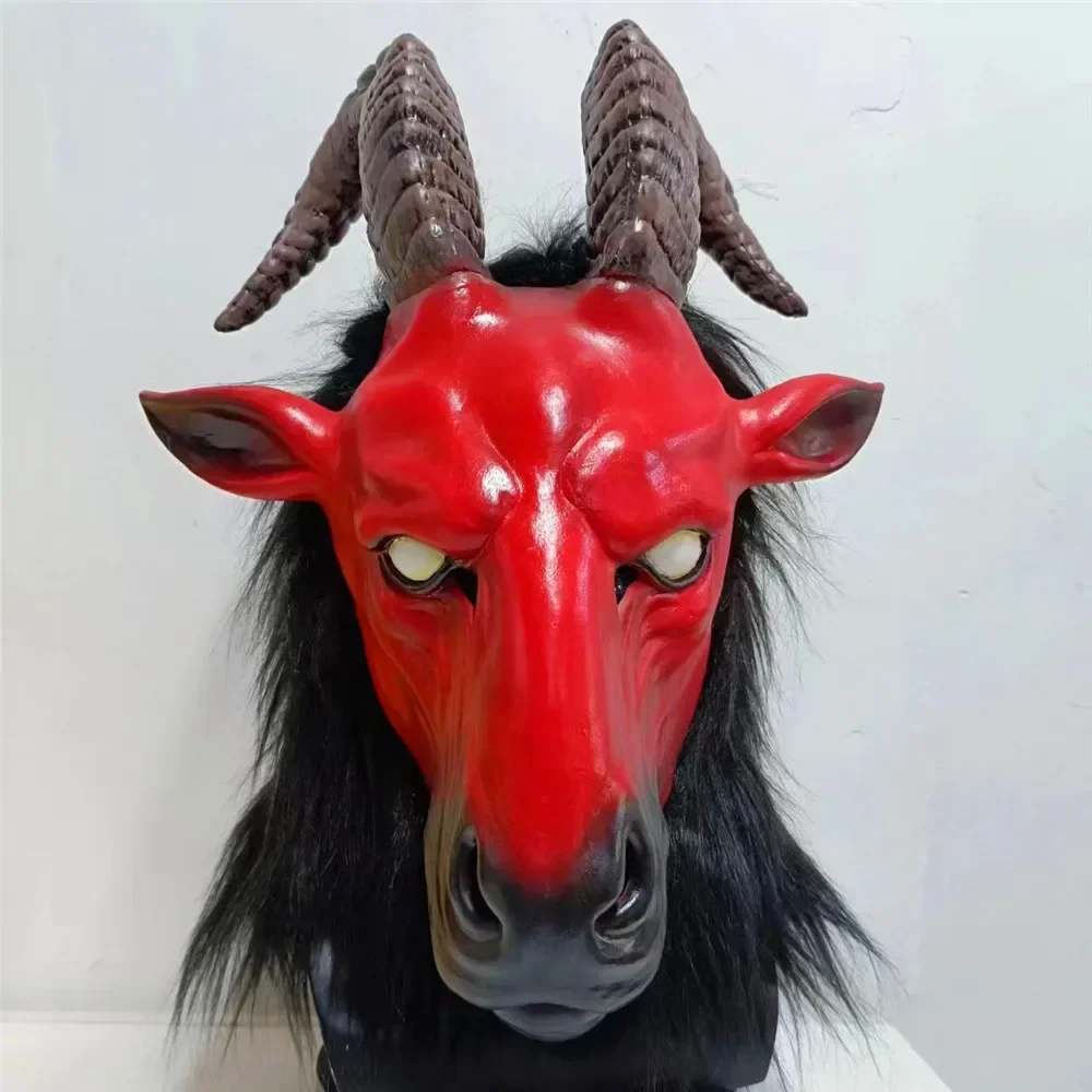 

Horror Goat Antelope Latex Mask Animal Carnival Party Farmyard Sheep Masks Halloween Red Sheep Head Devil Mask Costume Props