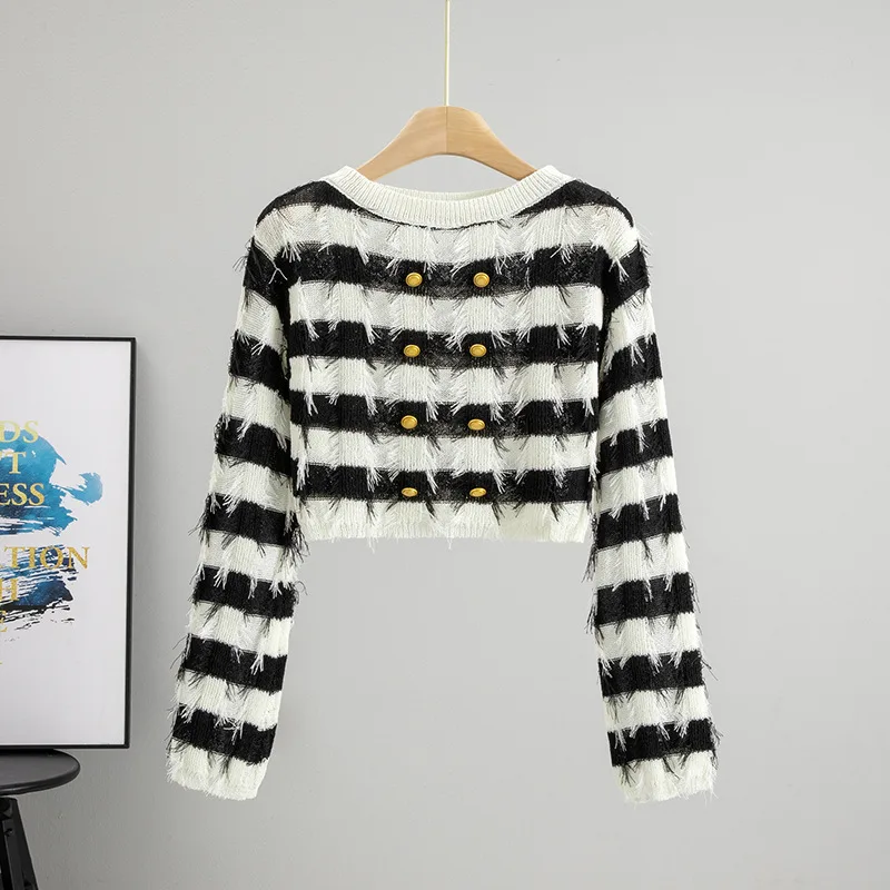 

New Slim Fit Short Knitted Sweater Women's Long Sleeved Autumn and Winter Style Niche Tassel Striped Pullover Top