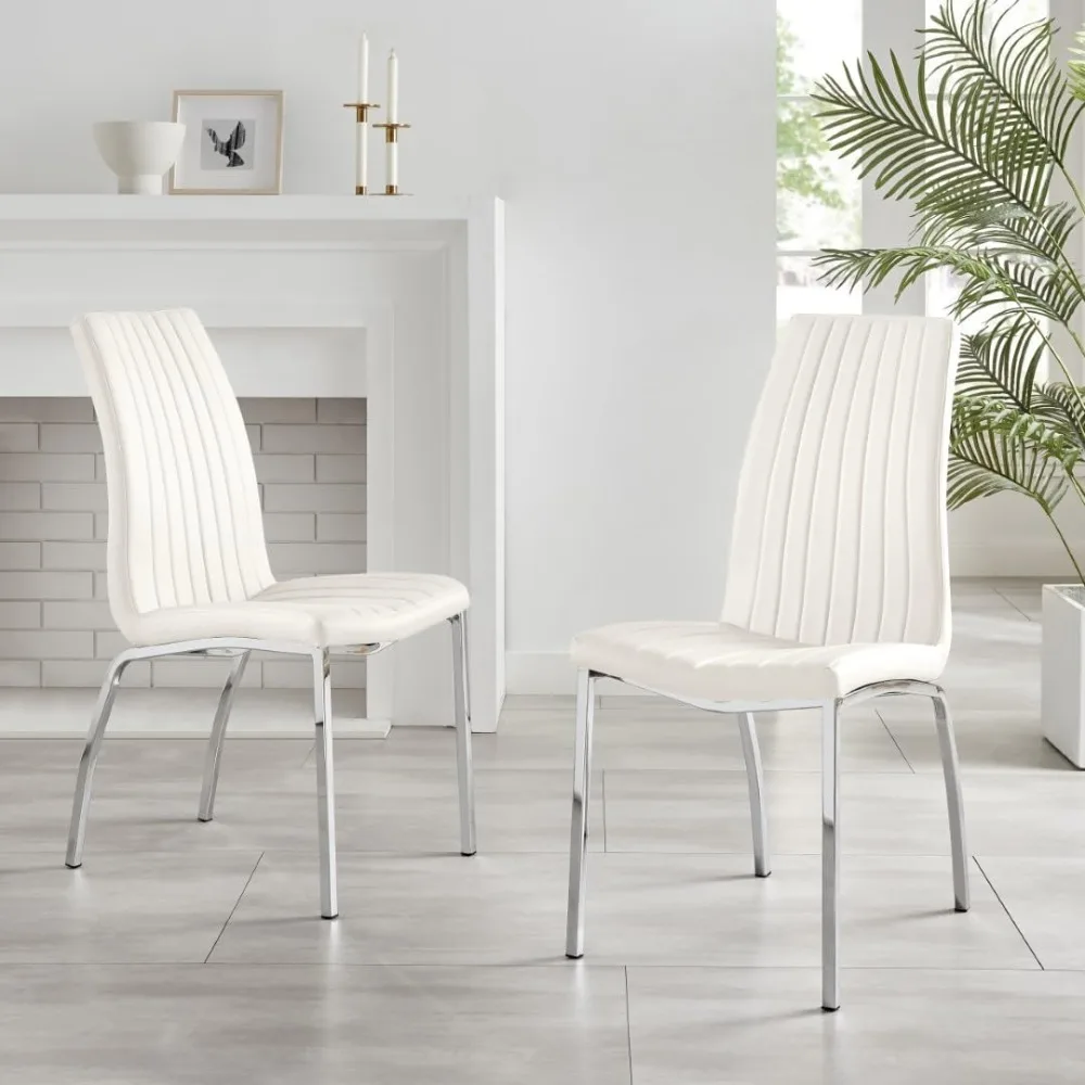 

Dining Chair Set of 2 - ISCO Faux Leather Upholstered White Dining Chairs with Silver Chrome Legs
