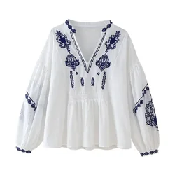 New women's V-neck long-sleeved chic embroidered casual shirt in spring and summer of 2024