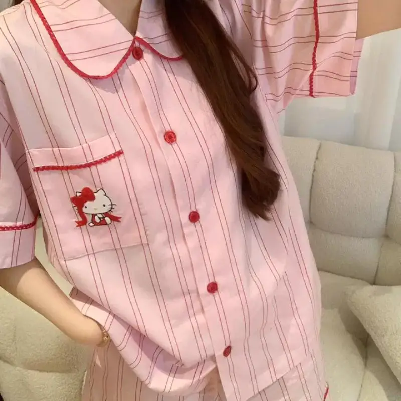 2 قطعة سانريو المرأة الحلو منامة مجموعة مرحبا كيتي منامة مجموعة Kawaii شريط منامة مجموعة الصيف قصيرة الأكمام السراويل ملابس المنزل