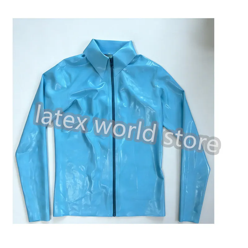 

Handmade Sky Blue Latex Men Long Sleeves T-Shirt Sexy Mens Latex Casual Top Male Latex Polo Shirt Front Zip Halloween Cos Wear
