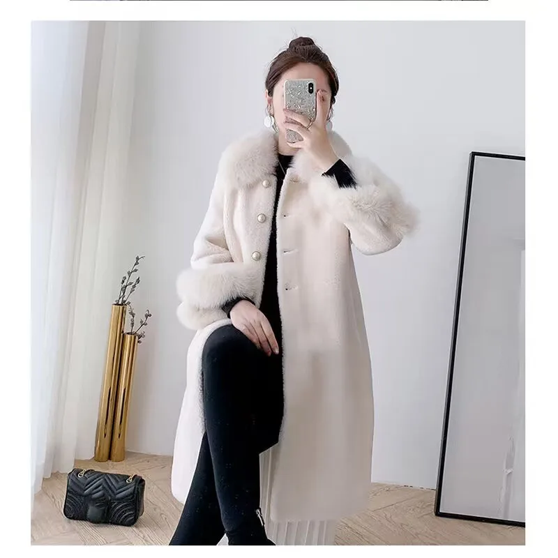 Ladies Imitation Fox Fur Collar Outwear 2024 Women Medium Long Styles Granular Velvet Coat Winter Female Loose Faux Fur Jacket