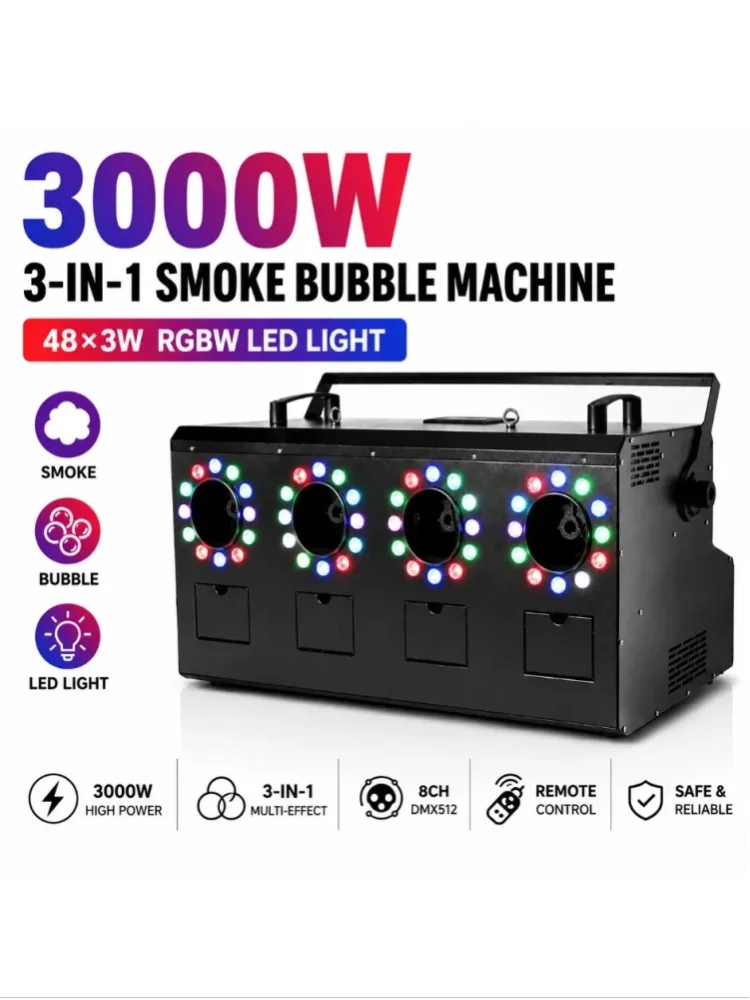 3000W 3-w-1 Maszyna do dymu i bąbelków 48×3W RGBW LED Światło 8-kanałowy DMX512 Pilot Zdalnego Sterowania Maszyna do efektów scenicznych na wesela, imprezy DJ, koncerty, kluby, dostępny w magazynie UE — 2