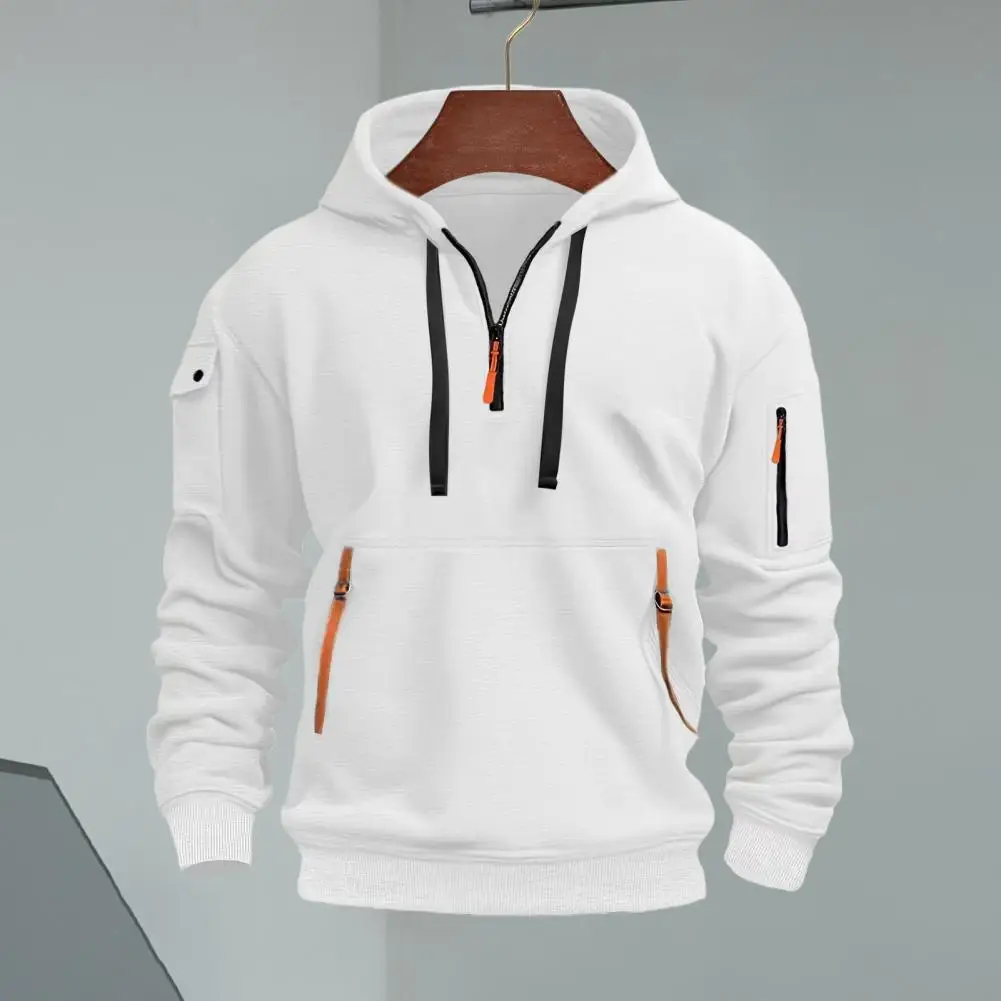 Men Fall Winter Hoodie Drawstring Long Sleeves Half Zipper Arm Pocket Strap Decor Hooded Loose Casual Sport Top Pullover 남성 후드티