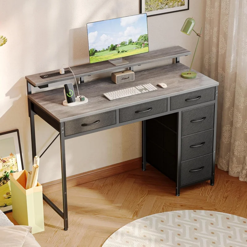 Gaming Desk with 6 Drawers, Computer Desk with LED Lights Power Outlets and Type-C, 39 Inch Office Desk with Storage, Monitor St