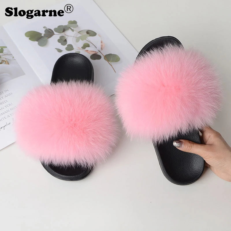 Summer Faux Fox Fur Slippers Fuzzy Fur Slides Women Fluffy Sandals Indoor Outdoor Ladies Shoes Woman Slippers Furry Flip Flops