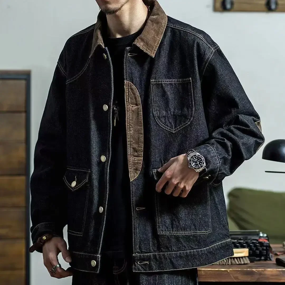 Men's Denim Jacket Overcoat Black Spliced Male Jean Coats Wide Sleeves Original Korean Popular Clothes Menswear Cowboy of Fabric