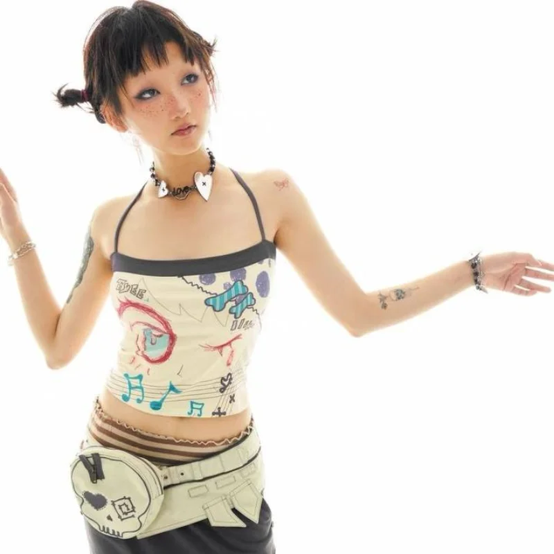 

Summer sexy printed camisole vest Y2K sweet and spicy girl exposed navel short style strapless sleeveless top vest