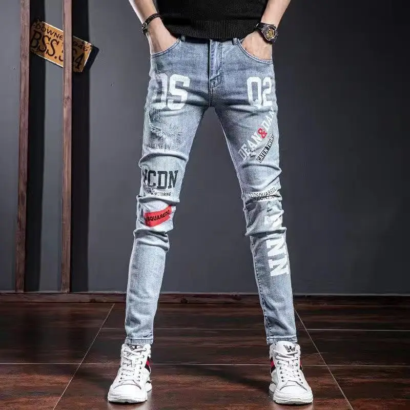 Men\'s Clothing Autumn and Winter high quality Trendy Ripped Jeans Embroidered Slim-Fit Stretch Leggings