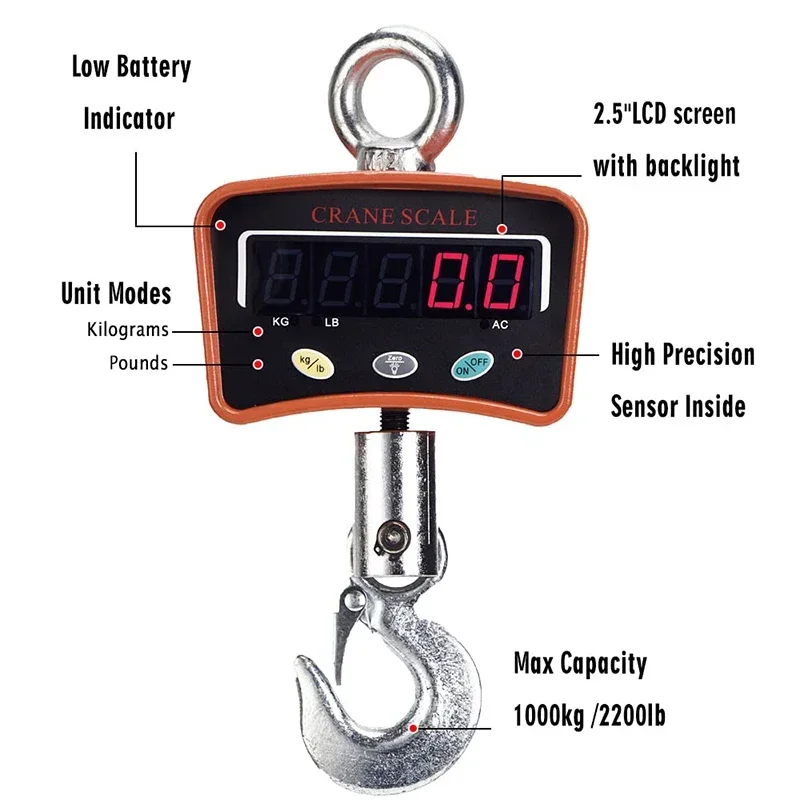 

1000kg/2200lb Digital Hanging Scale Crane Scale with Large LCD Display 1500mAh Rechargeable Industrial Heavy Duty Hook Scales