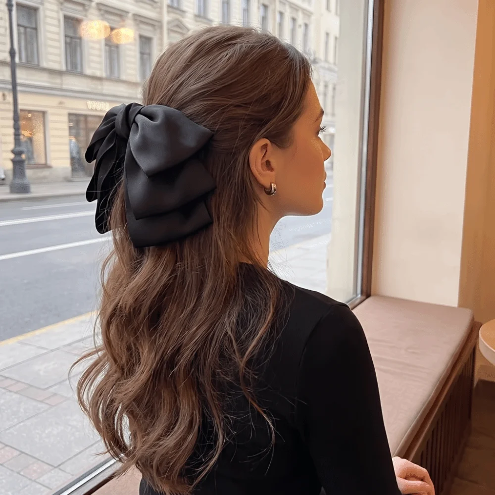 Wide Grip Oversized Bow Hair Claw Non-Slip Durable Long-Lasting Hair Accessories Pure Black Sturdy Hair Clamp