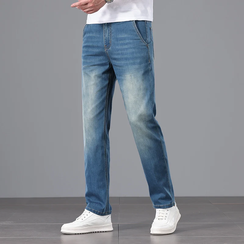 

Spring Summer Thin Men Jeans Loose Straight Elastic Washed Denim Pants High Waist Fitted Business Work Trousers Casual Clothes