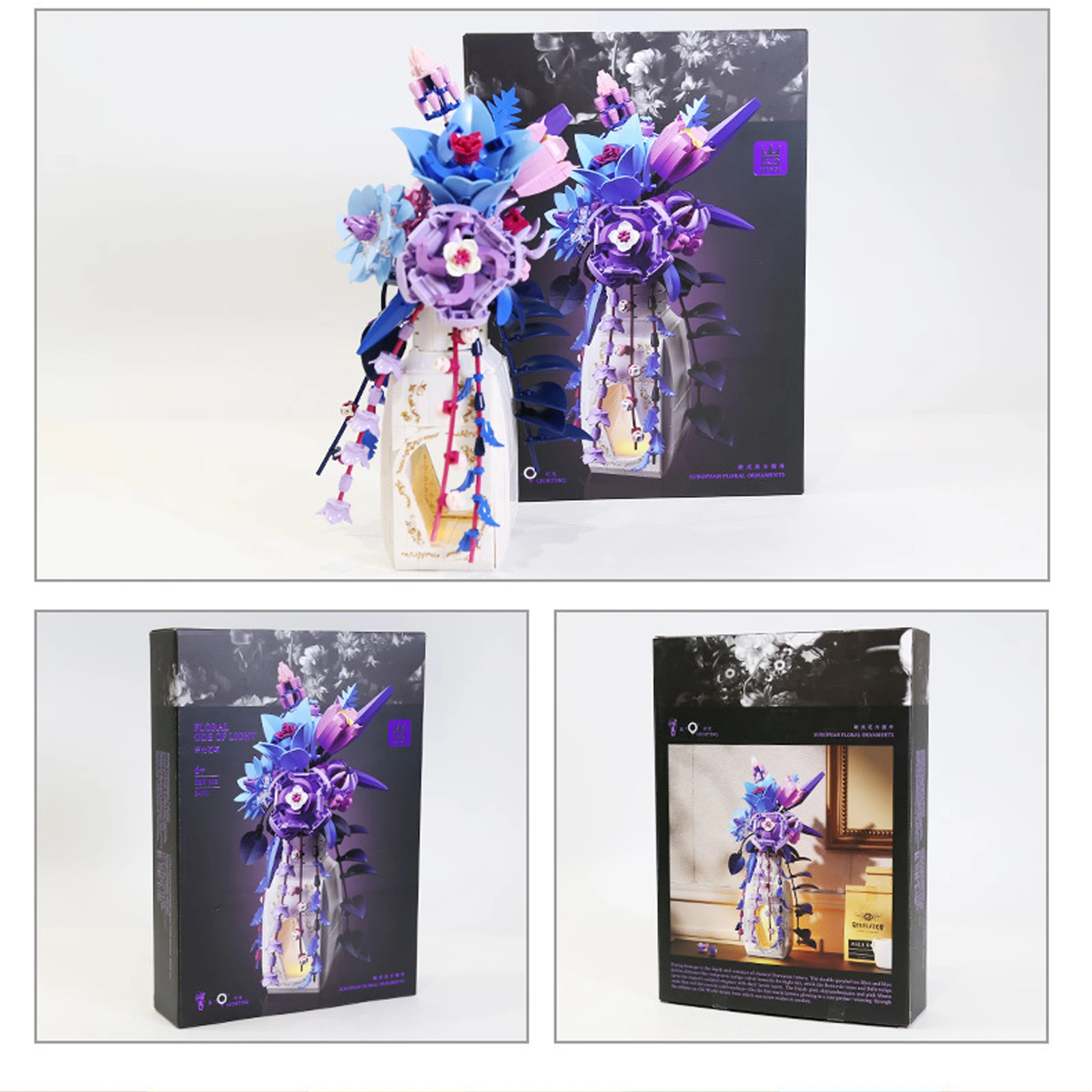 

820 шт. цветочные светодиодные строительные блоки, искусственный букет цветов, ваза, фиолетовая роза, домашний декор, игрушки-бонсай, романтический подарок для девочки