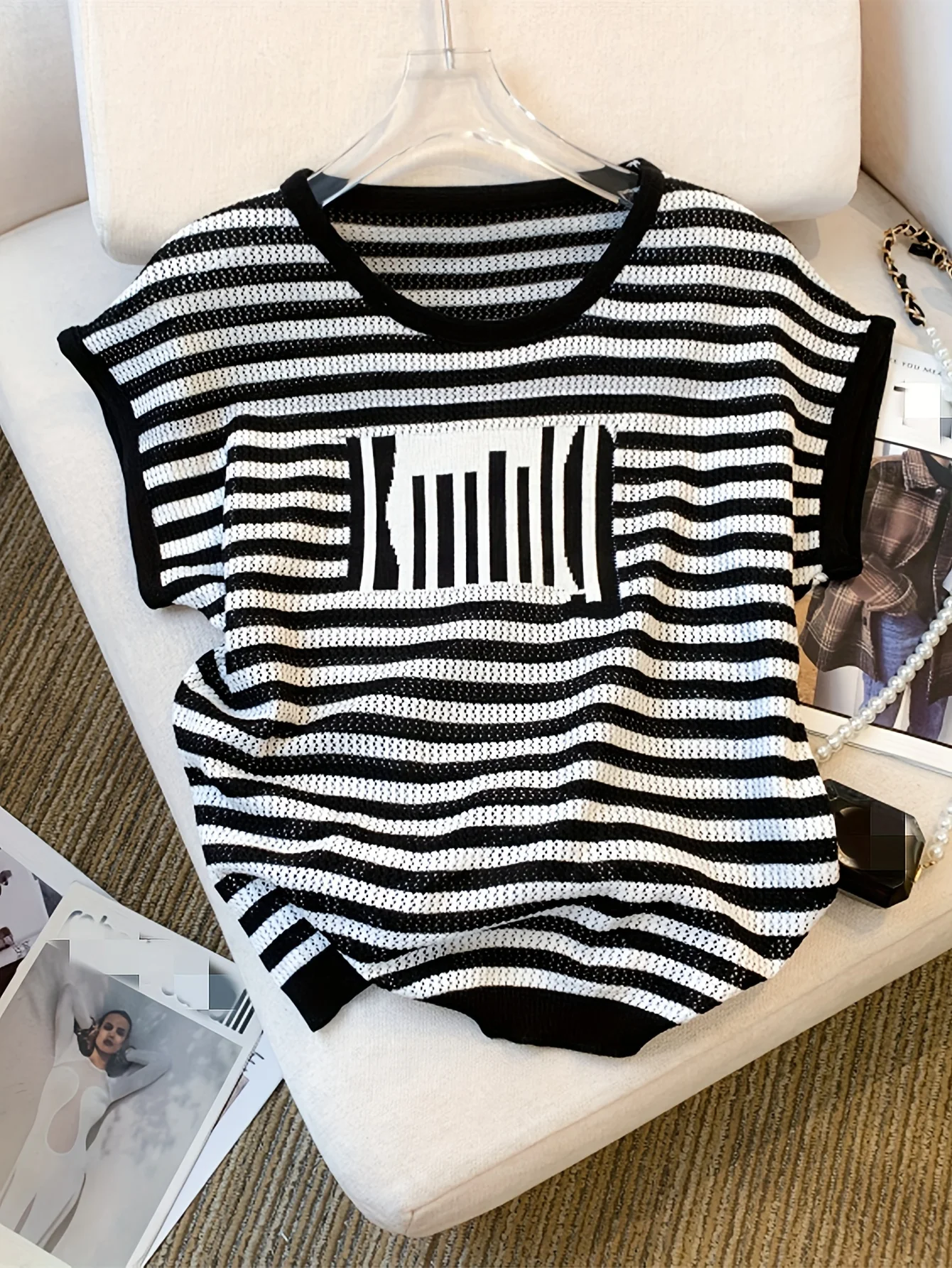 

2026 New Striped O Neck Sweater Versatile Short Sleeve Knitted Top For Spring & Summer Women's Clothing Crop Top