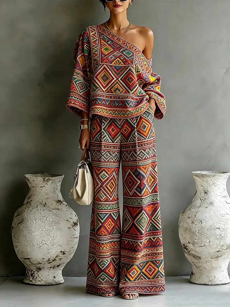 

Women’s Ethnic Print Pants Set One Shoulder Long Sleeve Top & Casual Wide Leg Pants With Pockets Fashion Street Style Outfit