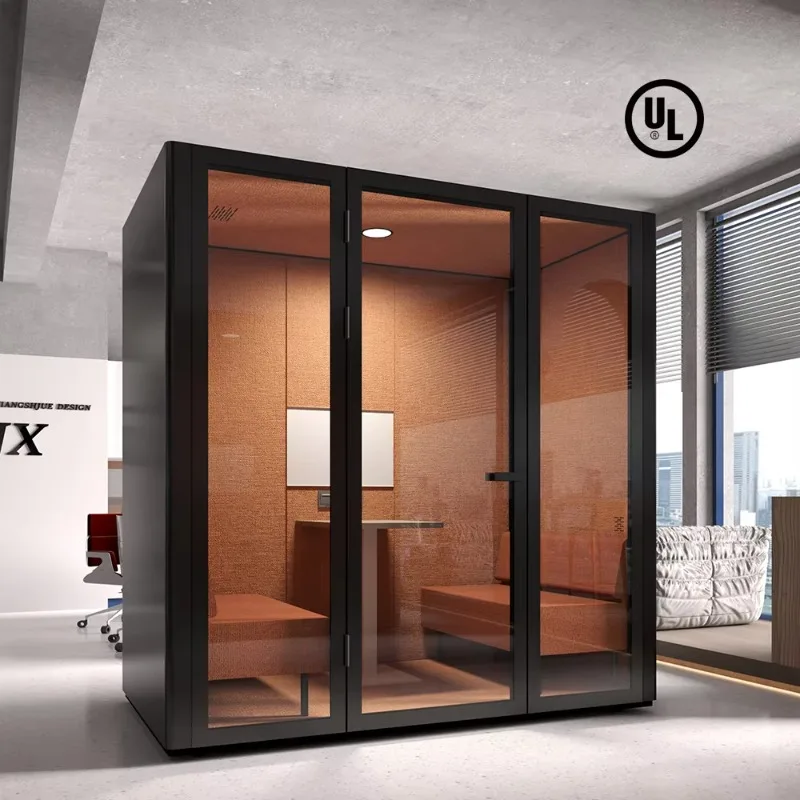 custom madeSteel Frame Soundproof Office Phone Booth Acoustic Privacy Pod With Glass Door LED Task Light and Desk