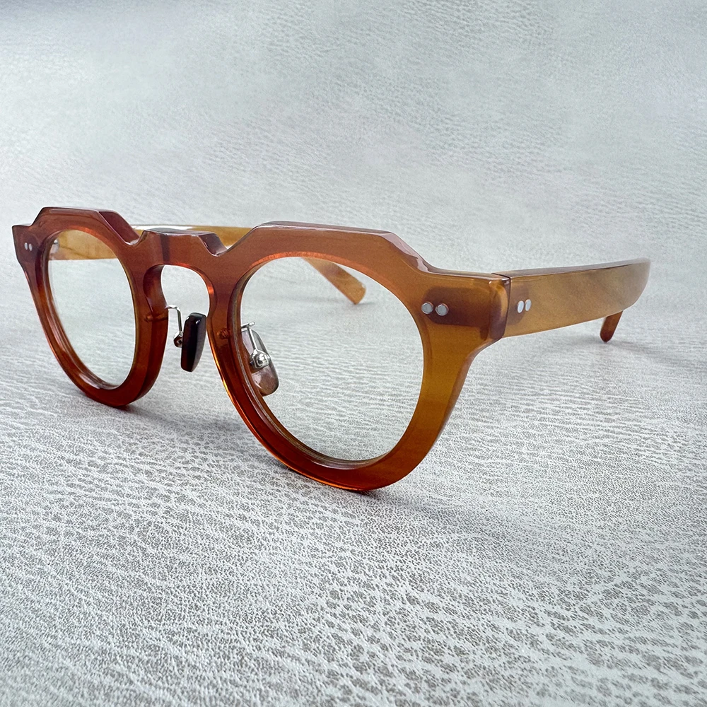 Women Eyeglass Frames Polygon Handmade Light Coffee Horn Rivets Reading Glasses Frames Vintage Unique Optical Lenses Eyeglasses