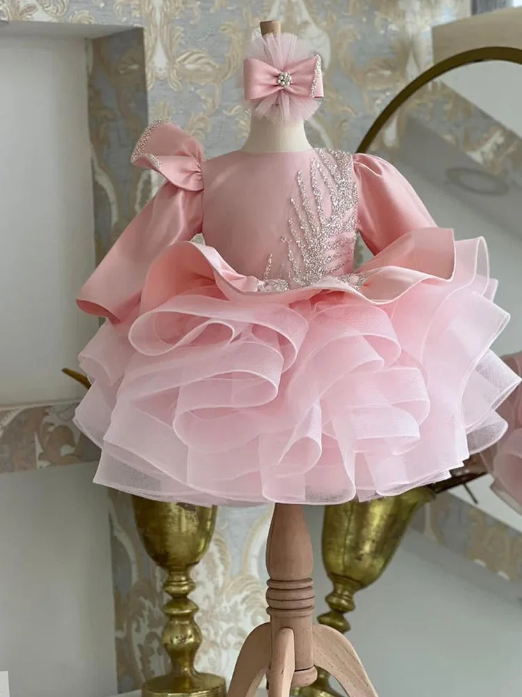 Vestido rosa de tul con volantes para niña, apliques de boda con lazo, vestidos de baile de princesa de primera comunión para cumpleaños y niños