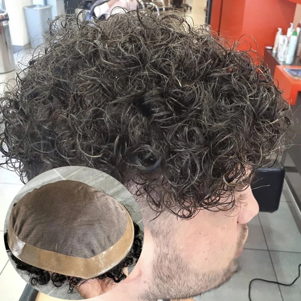 Tupé de cabello humano rizado para hombres, Base de PU Mono fino duradero, postizo de aspecto Natural, marrón, nuevo estilo, #4, 15mm