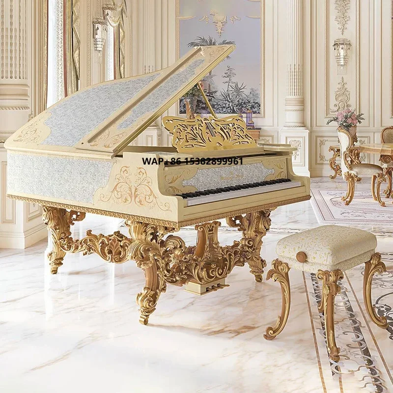 Luxurious Baroque Grand Piano Hand Carved Gold Wood Inlaid with Shells and Gold Foil Paired with High-end Decorative Soft Bench