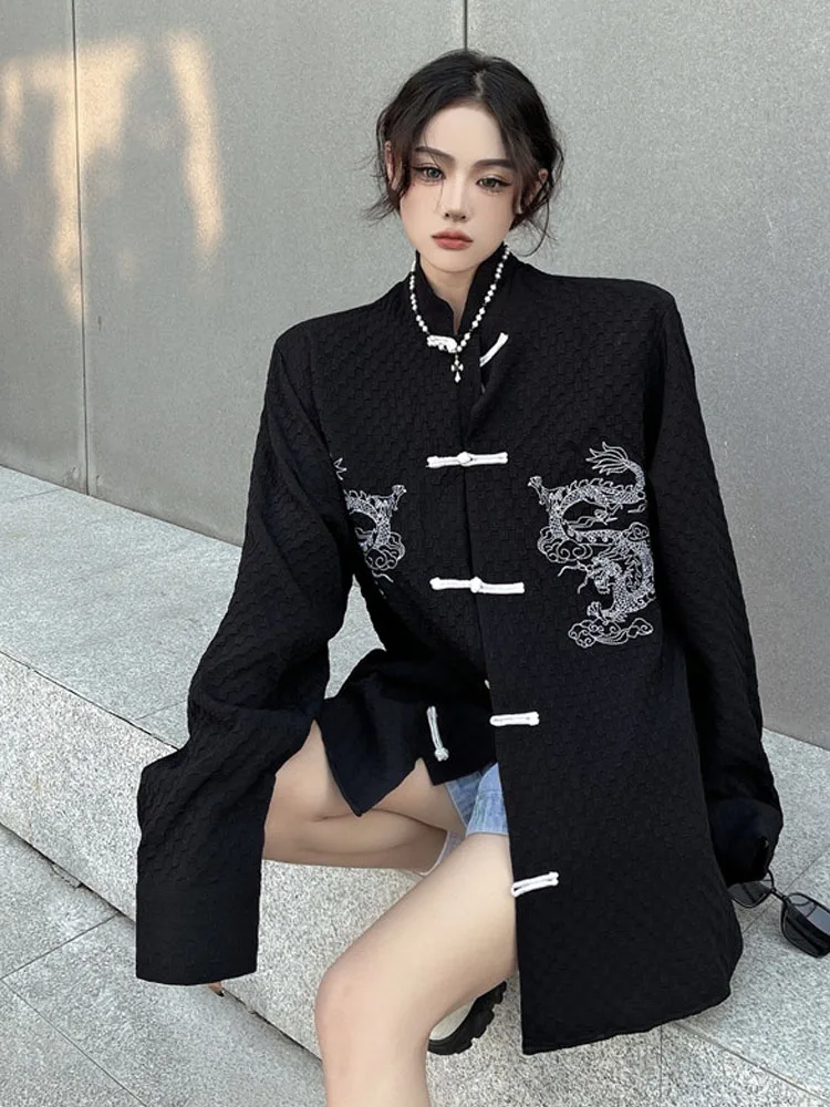 SONNEESD Chinese Style Harajuku Embroidered Dragon Pattern Vintage Disc Buckle Design Single-Breasted Full Sleeve Blouses Shirt