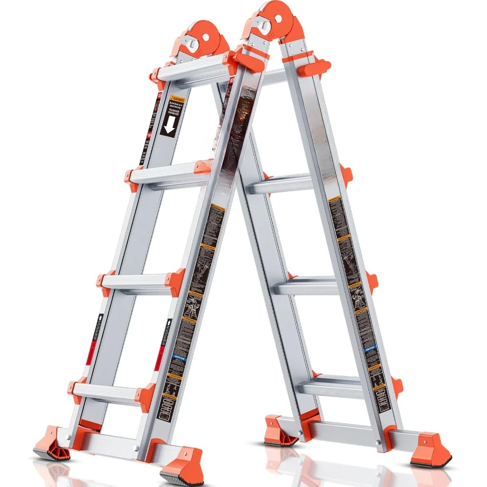 14 FT Anti-Slip Multi Position & Storage Folding Ladder, 330 lbs Security Load Telescoping Aluminum for Stairs Home Roof