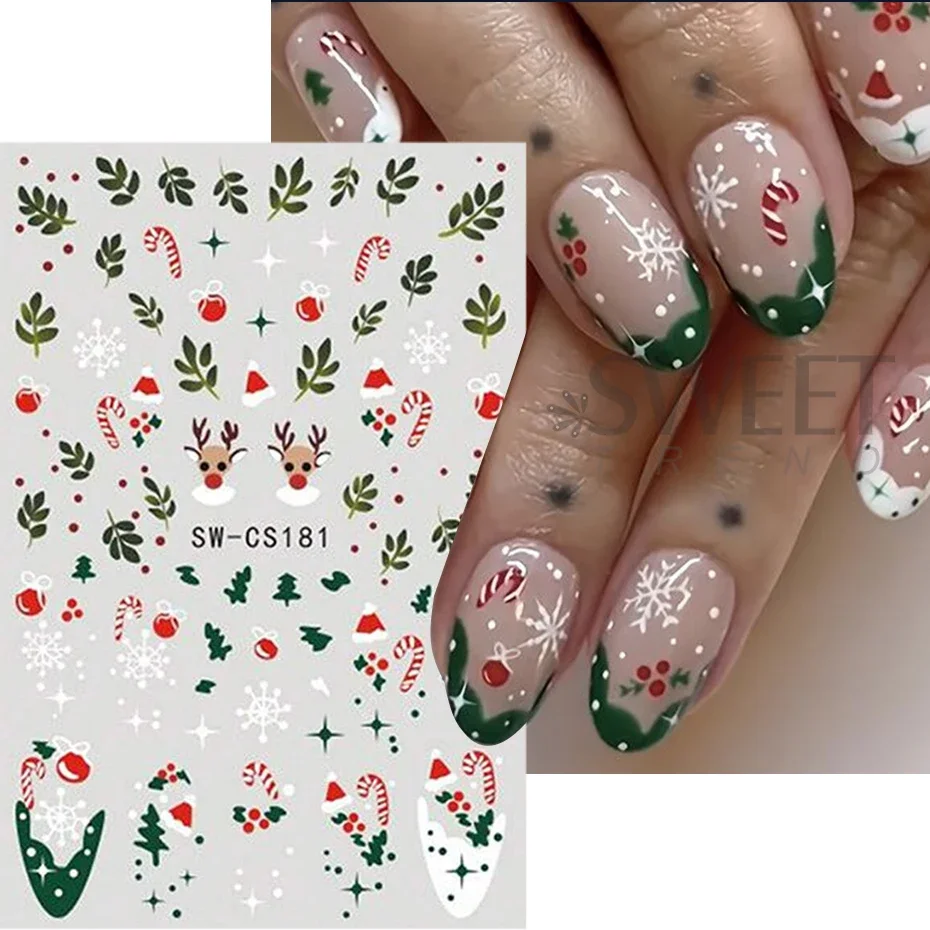 3D Christmas Snowman Nail Art Sticker Snowflake Green Leaves Self Adhesive DIY Winter Decals Slider New Year Manicure Decoration