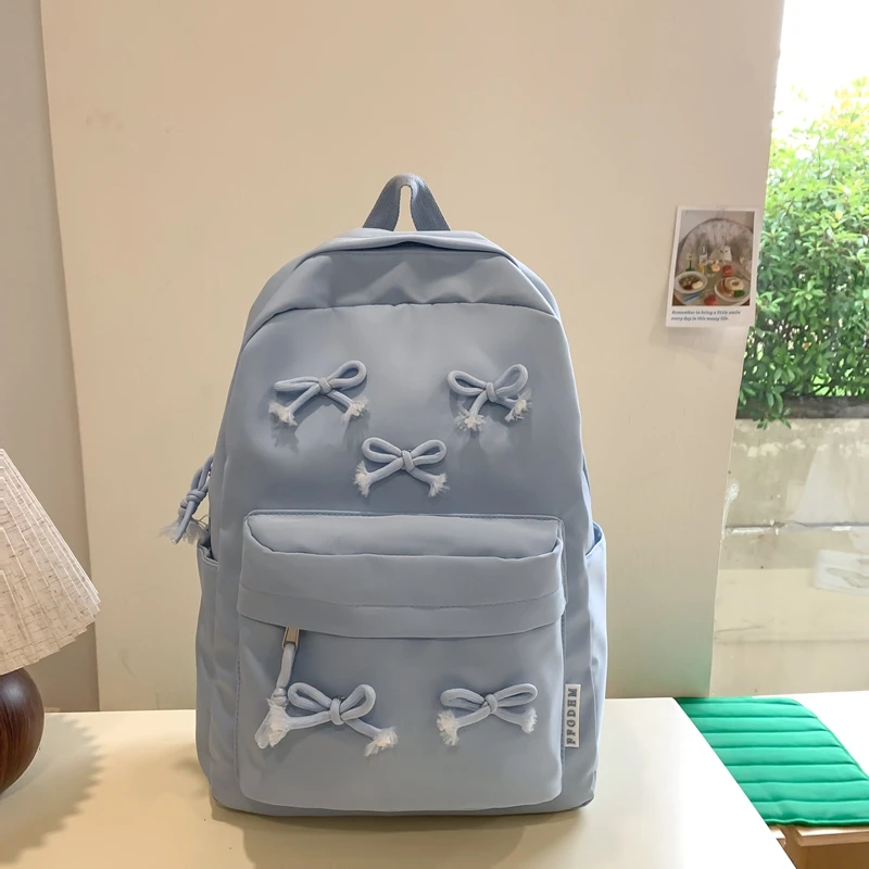 Fashion Bow Backpack Middle Shool Girls Backpack Large Capacity Laptop Rucksack Solid Color Students Bookbags Outdoor Travel Bag