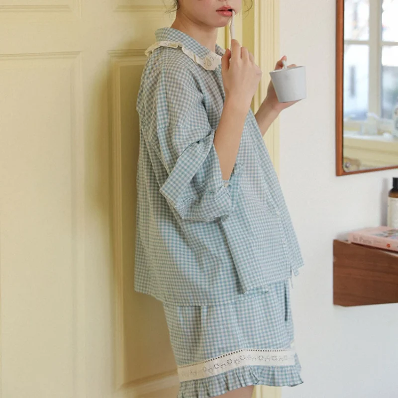 Women 100% Cotton Two-Pieces Pajamas Vintage Cardigan Full Sleeves Sleepwear Loose Plain Sleepshirt Short Pants Pyjama Sets New