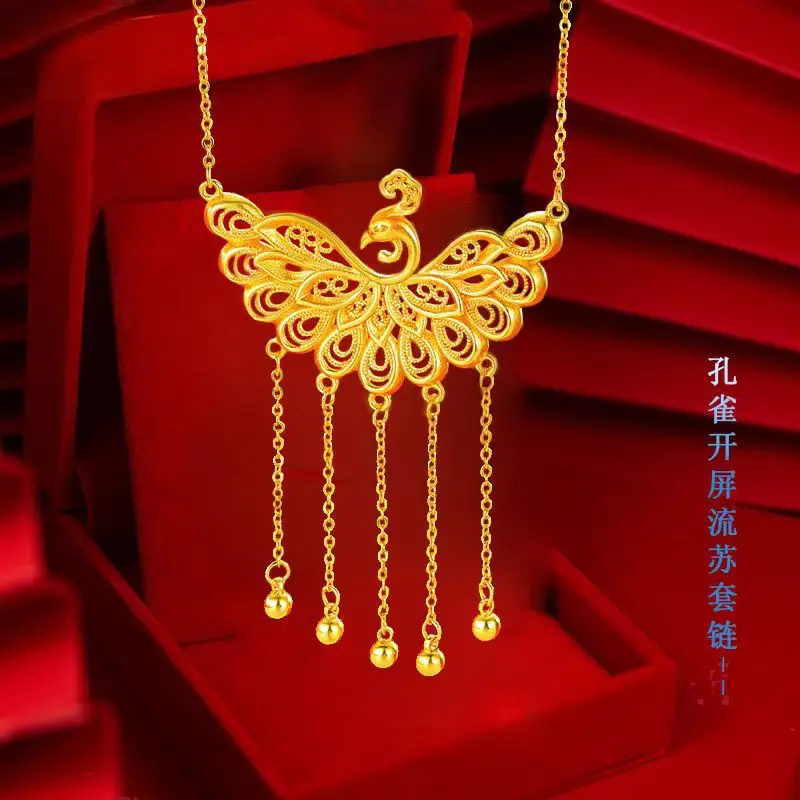 

Peacock open-screen tassel necklace 9999 24K Real Gold Women's Bride Wedding Gold Wedding Set Chain