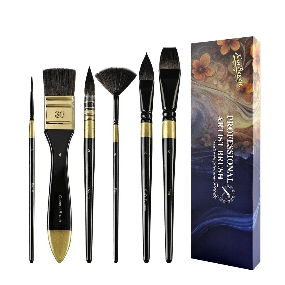 Imitation Gray Mouse Hair Watercolor Painting Brush 6 Pcs Set Black Short Rod Animal Hair Gouache Painting Pen Art Special Brush