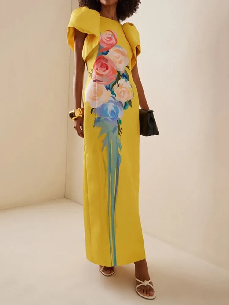 

Krisnanas Women Round Neck Short Puff Sleeve Straight Dress Flower Printed Yellow Dress for Summer Elegant Evening Party Dresses