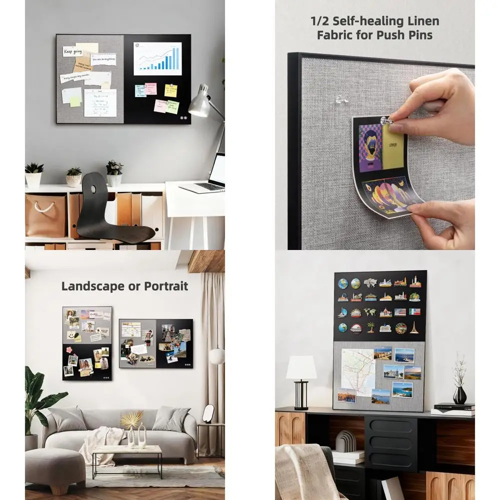 Quadro Combinado de 36x24 Polegadas: Lousa e Painel de Tecido Cinza com Moldura de Alumínio e 10 Alfinetes