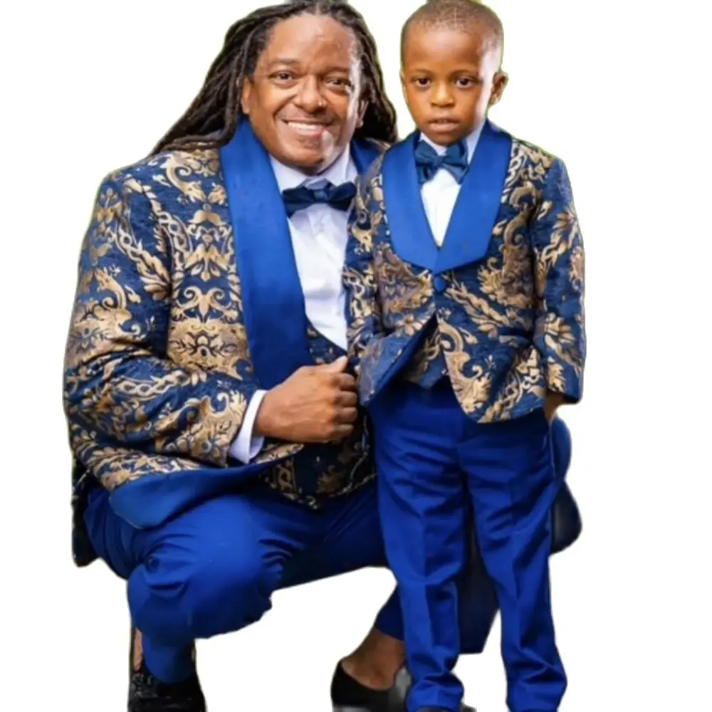 Father And Son Custom Made Blue Jacquard Men Suits Wedding Kids Birthday Party Prom Formal Outfits Sets Groom Blazer 3 Pieces