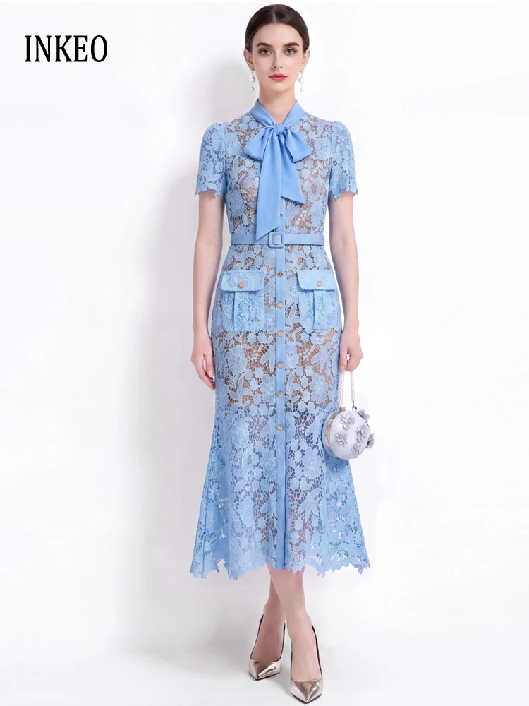 

Elegant Bow tie trumpet dress for women 2026 Summer Luxury Short sleeve lace long dresses with belt Slim Party INKEO 6D071