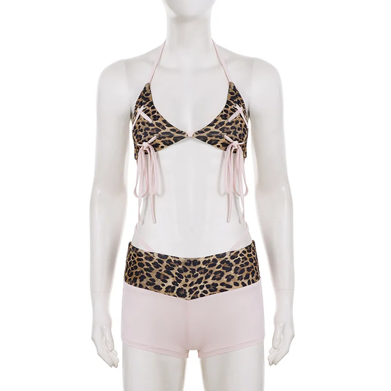 

Spicy girl style leopard print patchwork sexy strap top+shorts personalized two-piece set for women